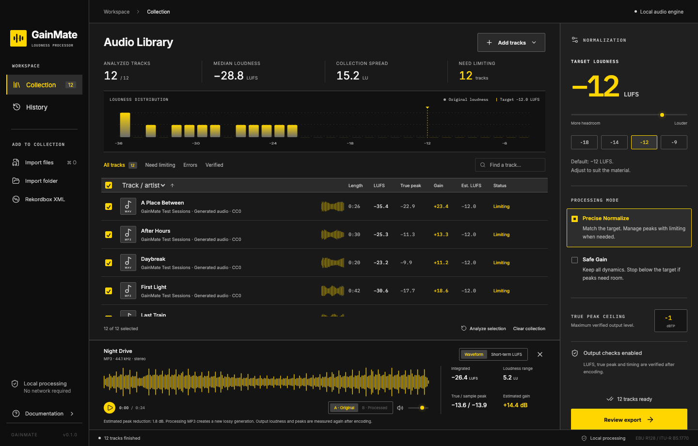 GainMate audio library with loudness distribution, track list and waveform