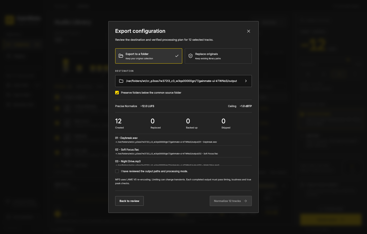 Export review with destination and counts