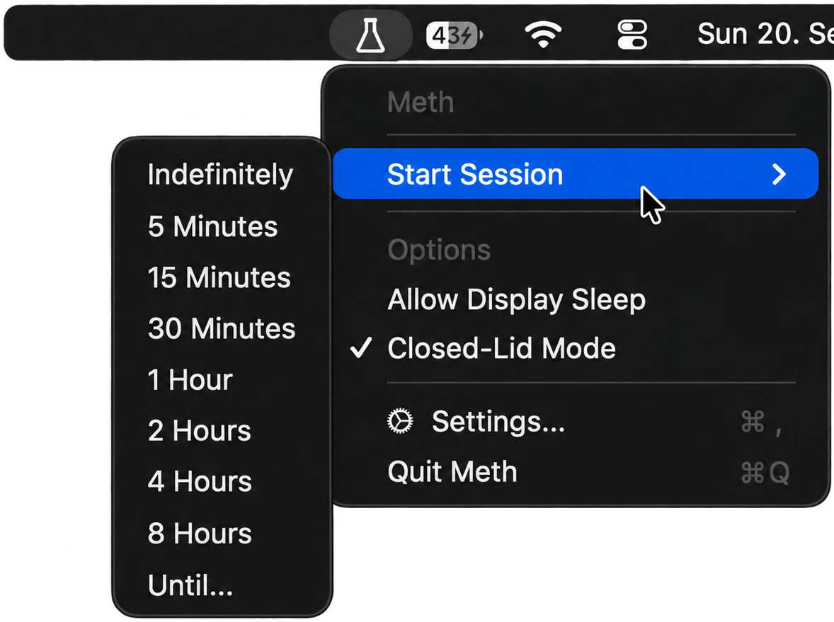 The Meth menu bar menu with the session presets and Closed-Lid Mode checked