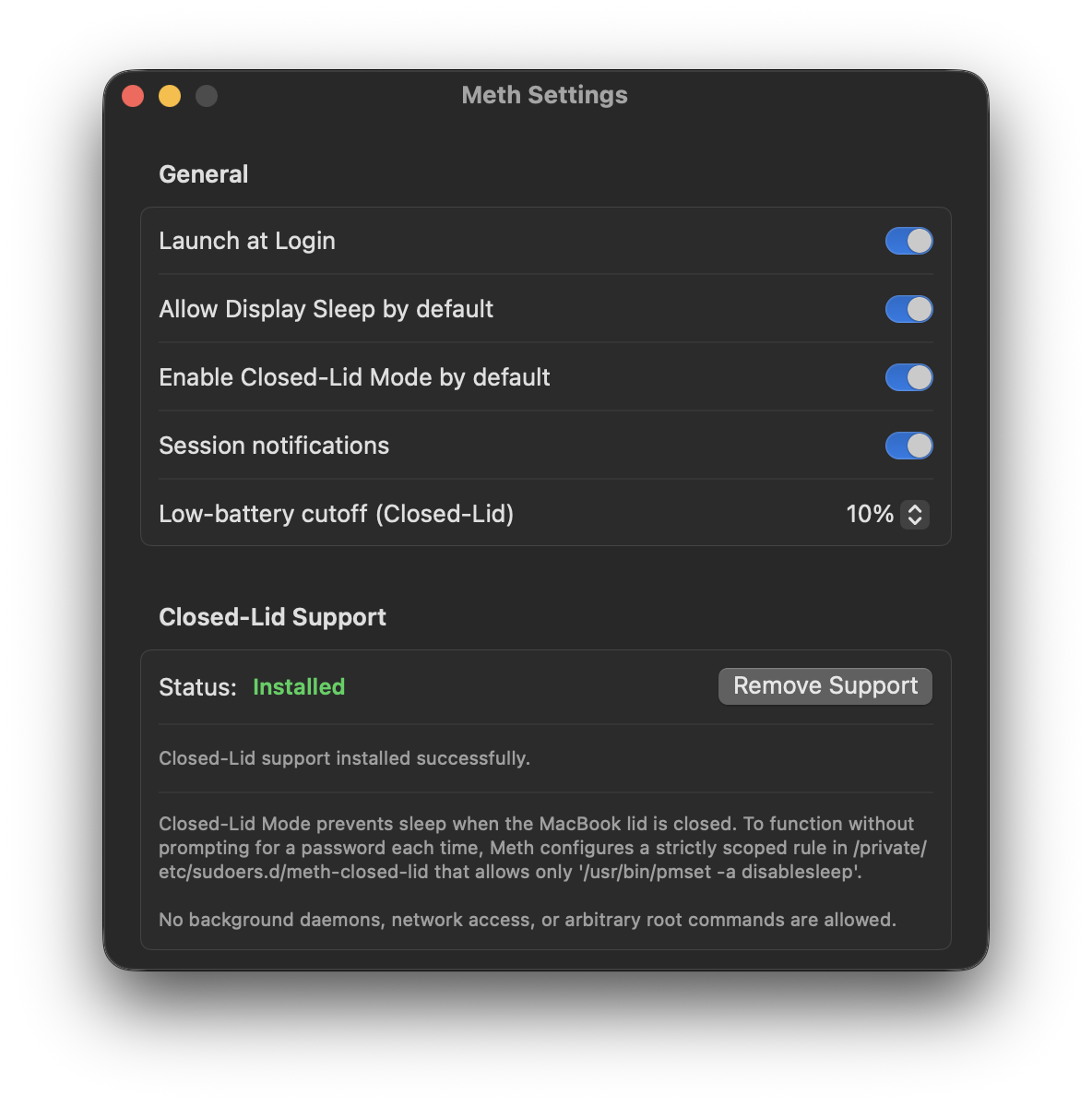 Meth Settings: Launch at Login, display sleep and Closed-Lid defaults, session notifications, low-battery cutoff and Closed-Lid support status