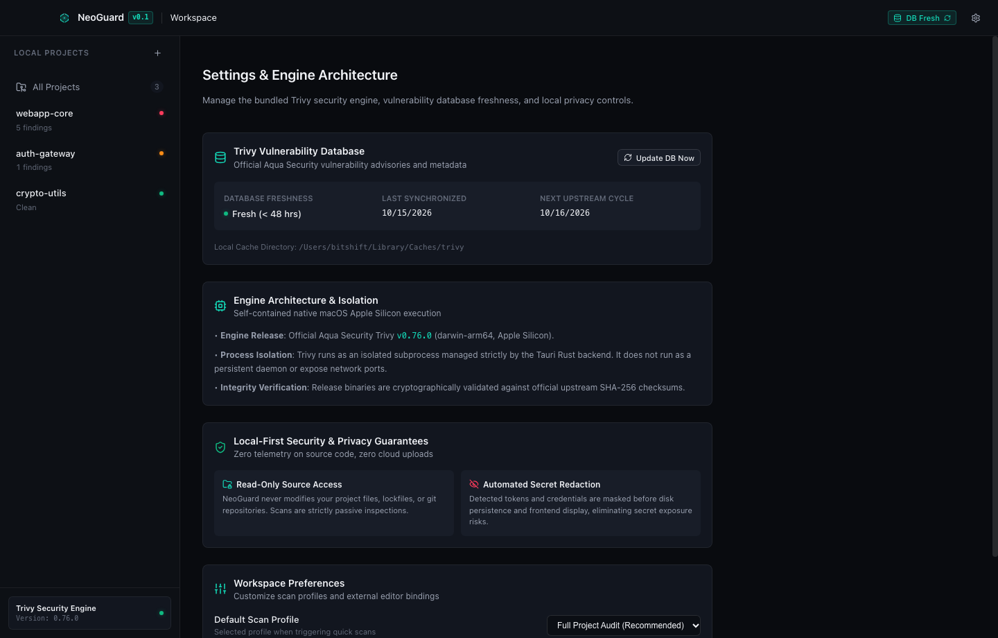 Engine settings with Trivy version, database freshness and offline mode