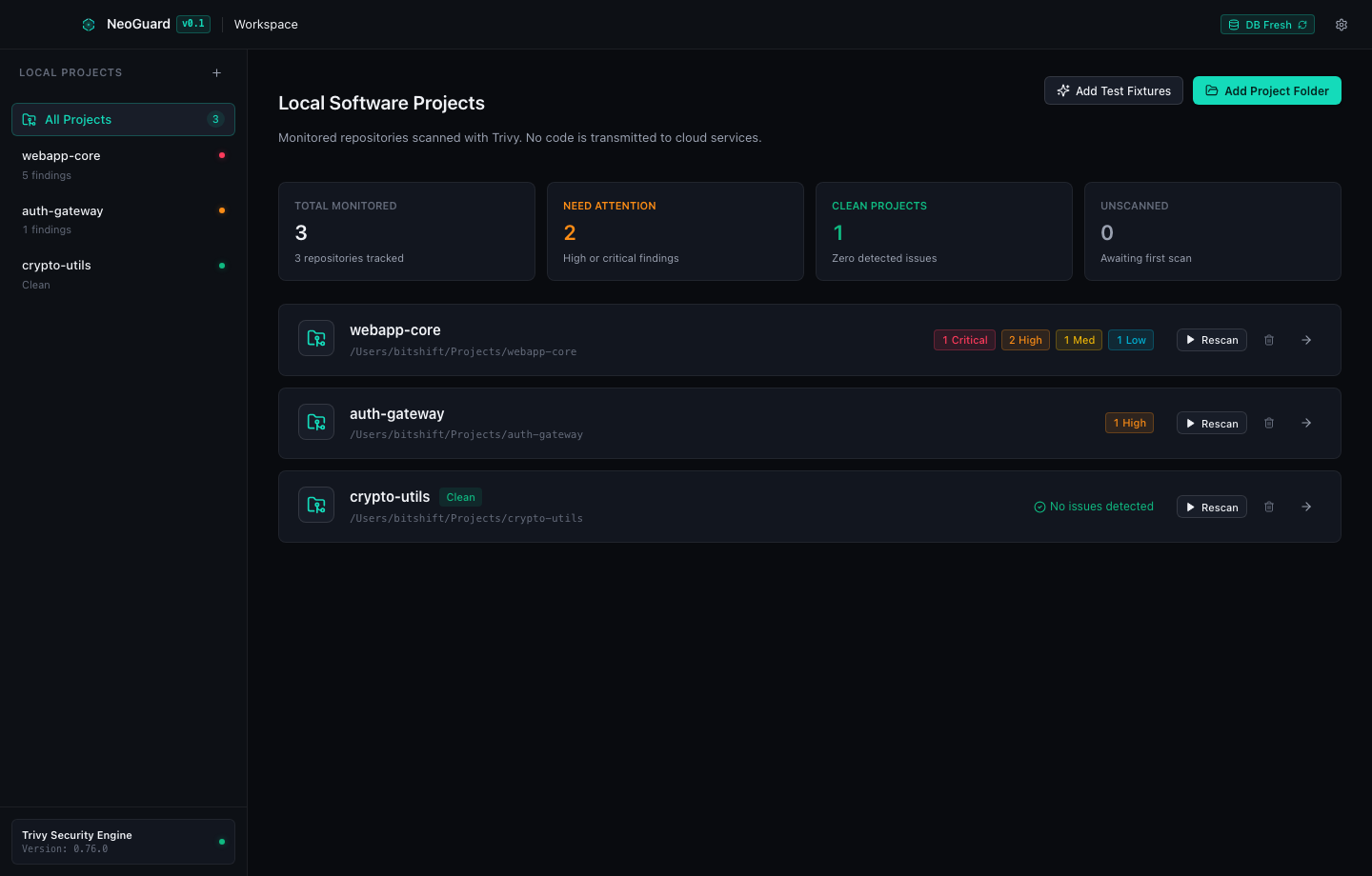 All local projects with their security posture