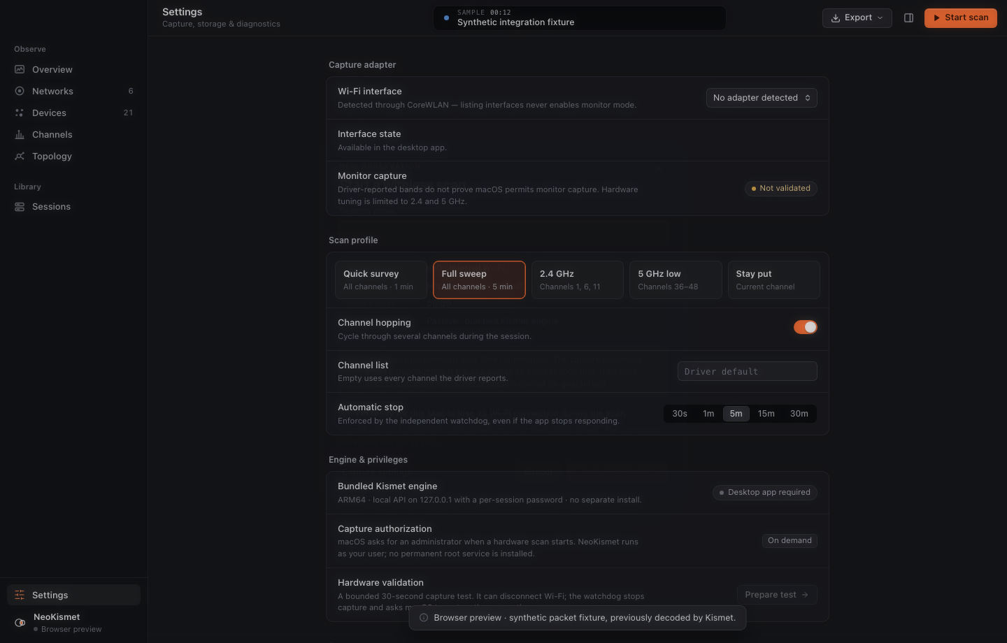 Scan confirmation dialog with adapter, time limit and Wi-Fi interruption notice