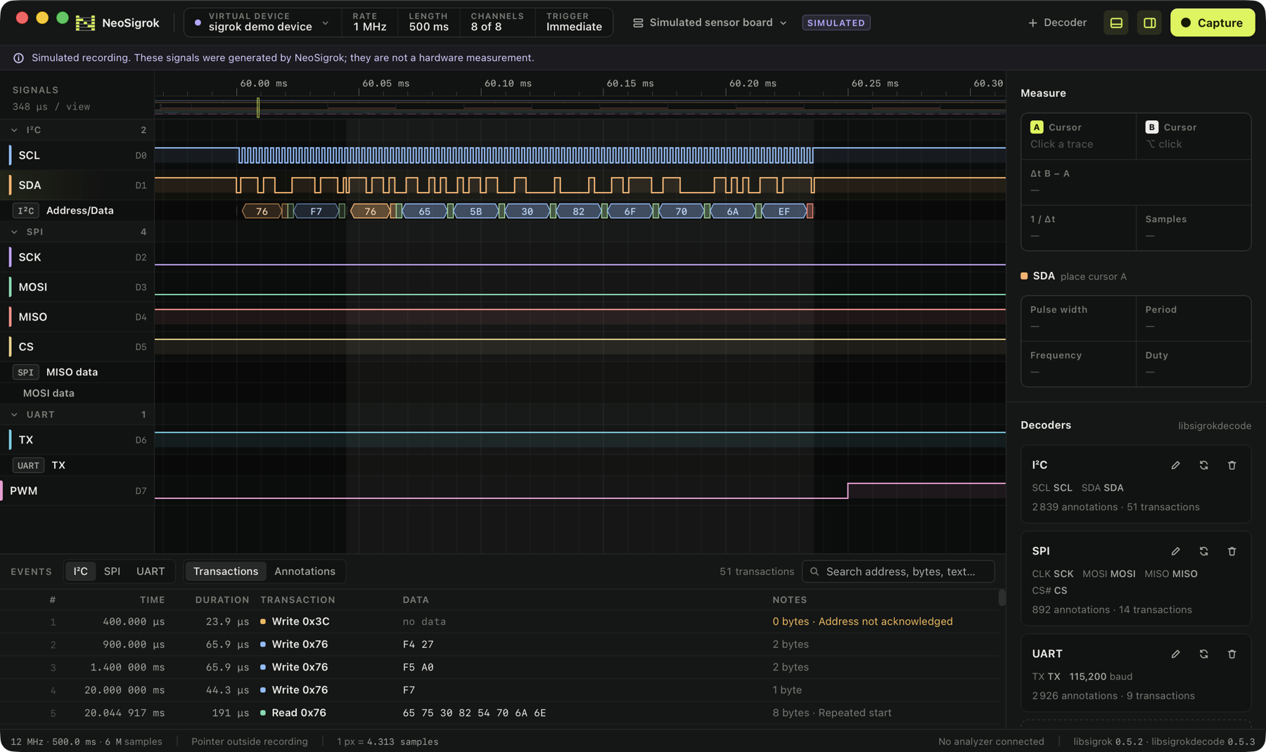 An I²C read decoded beneath its SCL and SDA signals, with the transaction list below