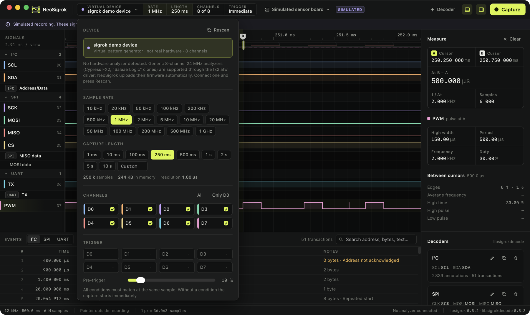 Capture setup popover with device, rate, length, channels and trigger