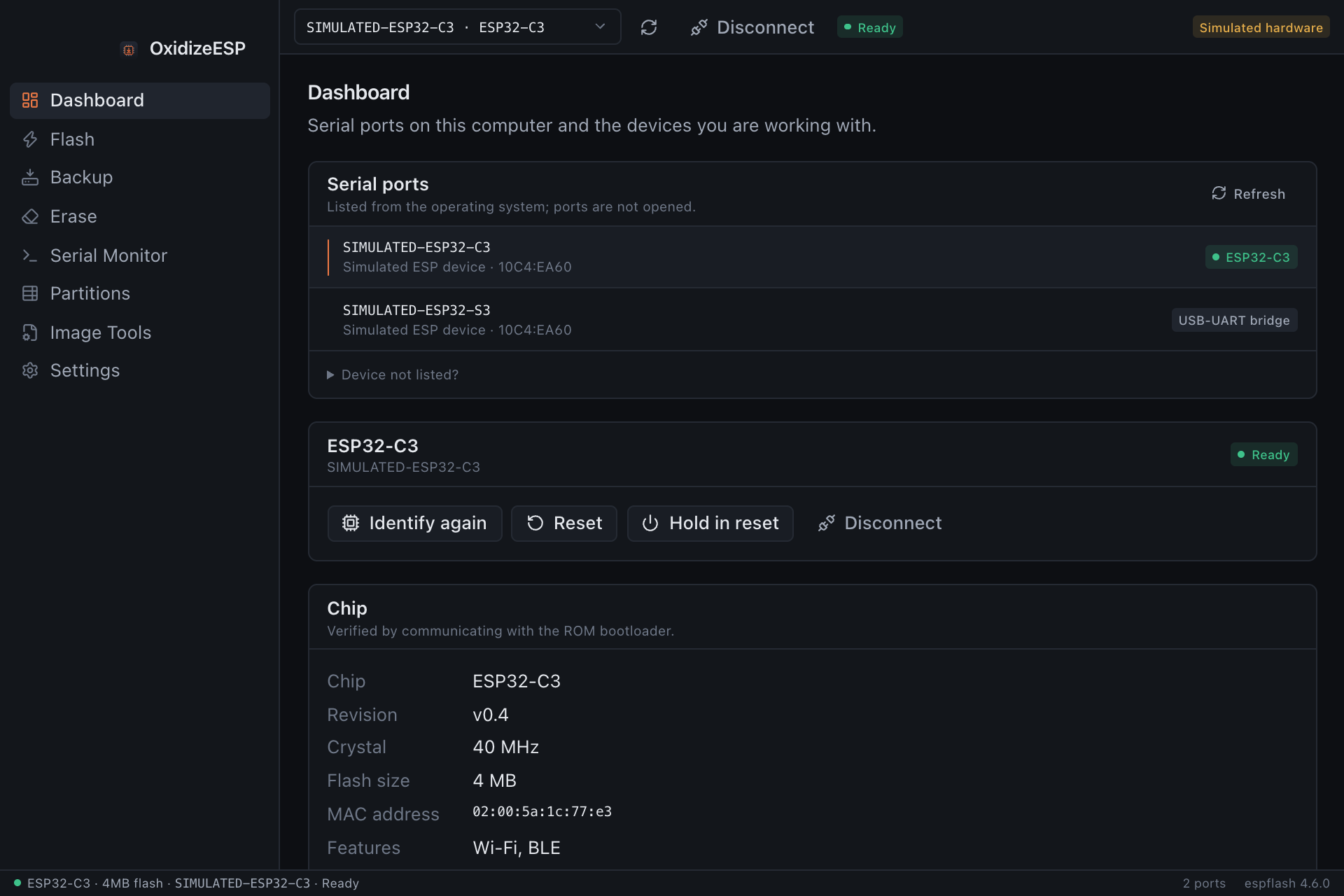 Dashboard with serial ports and chip details