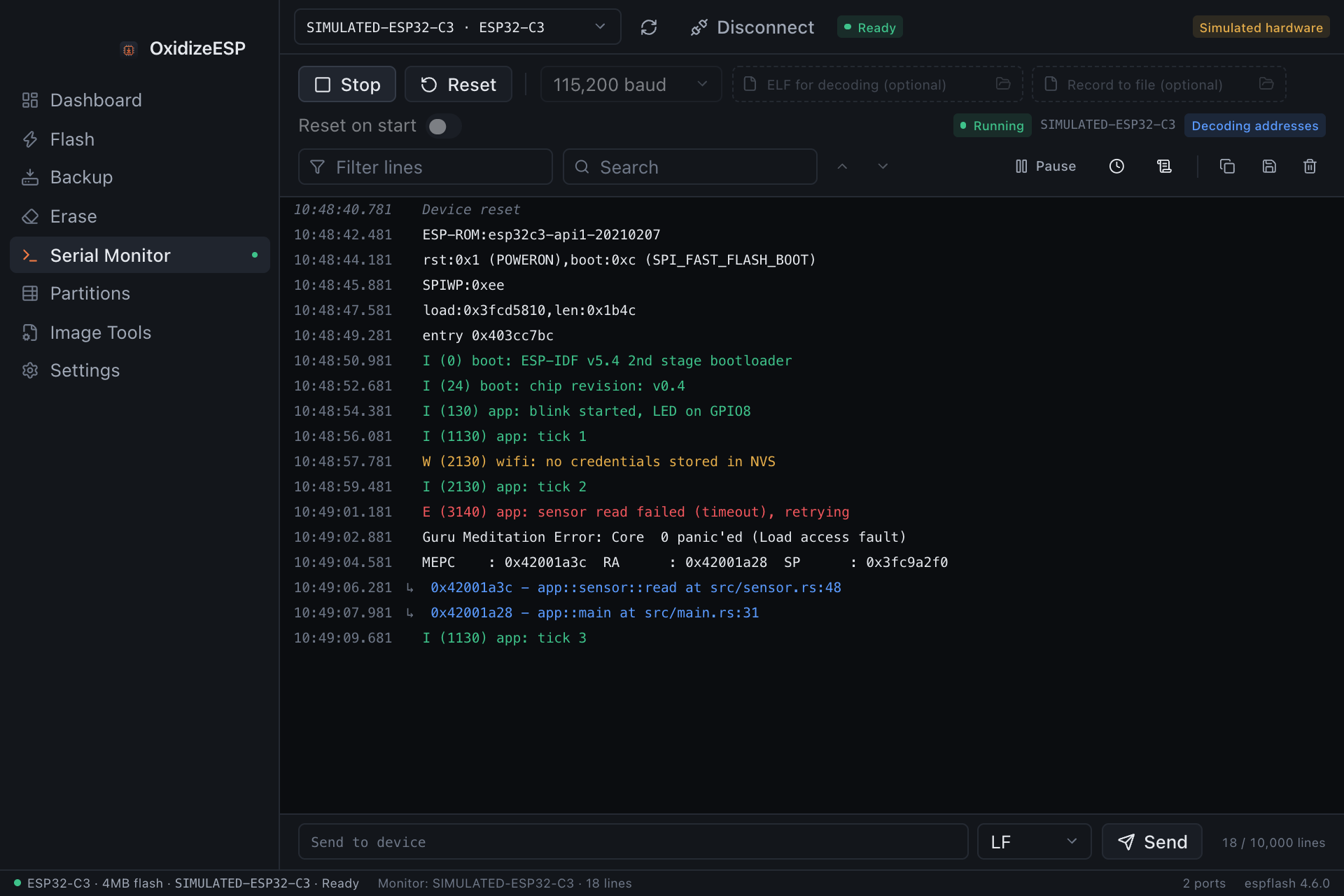 Serial monitor with decoded backtrace
