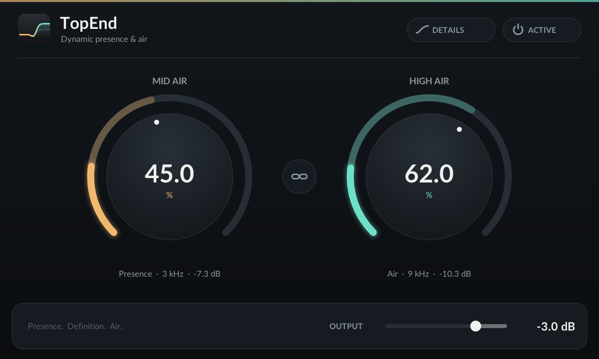 The TopEnd editor with the Mid Air and High Air knobs, Link, Output, Details and Bypass
